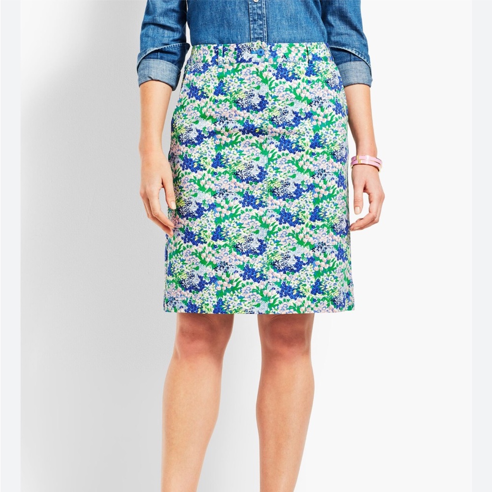 Talbots women 10 A-line stretchy floral print midi denim skirt boho spring
